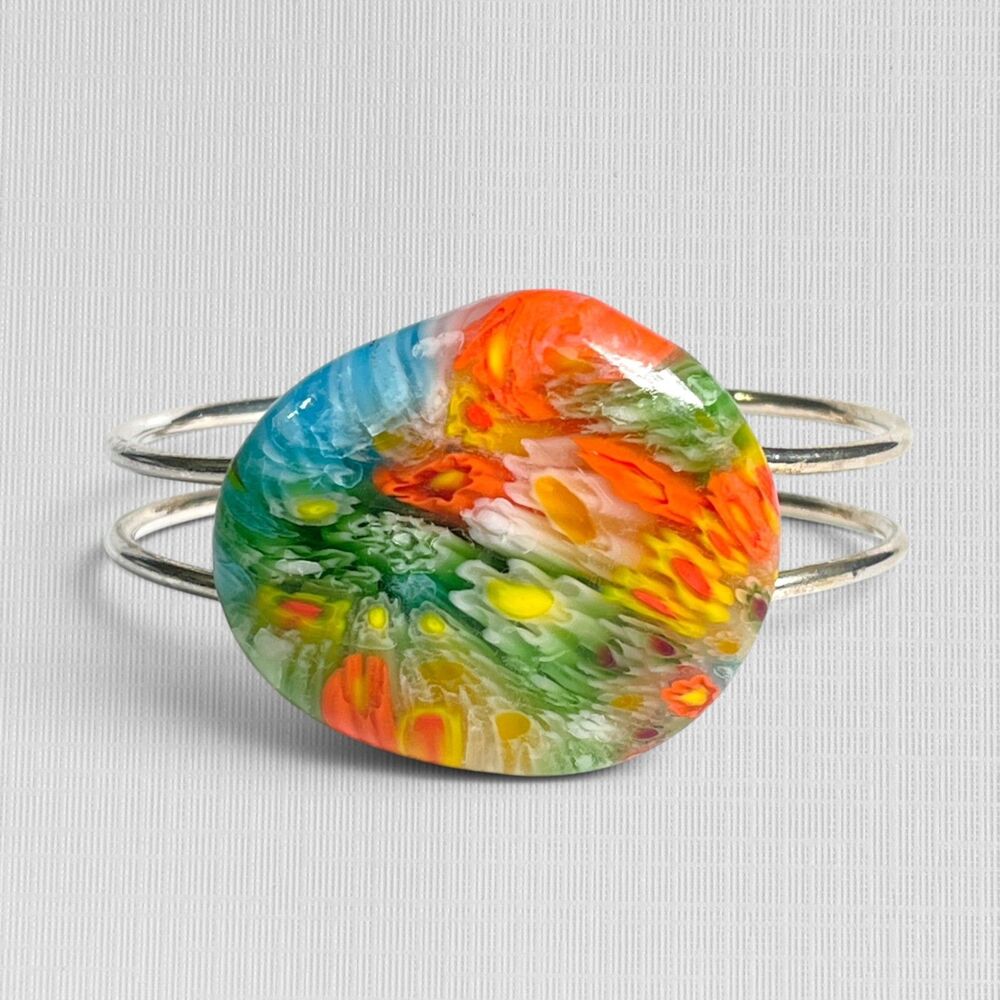 Millefiori Art Glass Cuff Bracelet Silver Tone Vibrant Flowers Hippie Mod Bangle